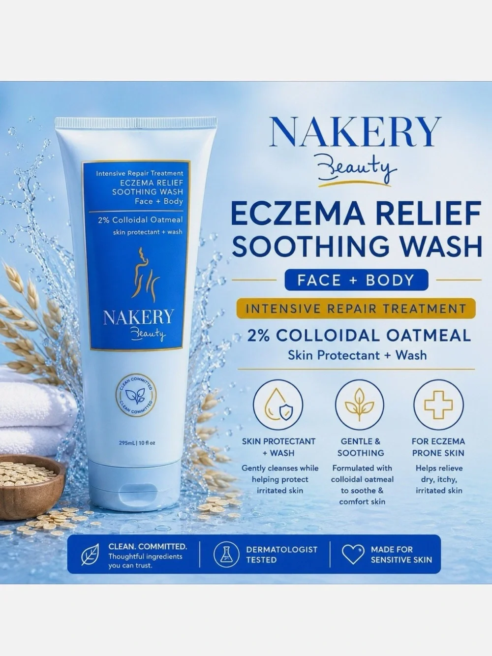 New! Nakery Beauty Eczema Relief Soothing Wash 10oz/295mL